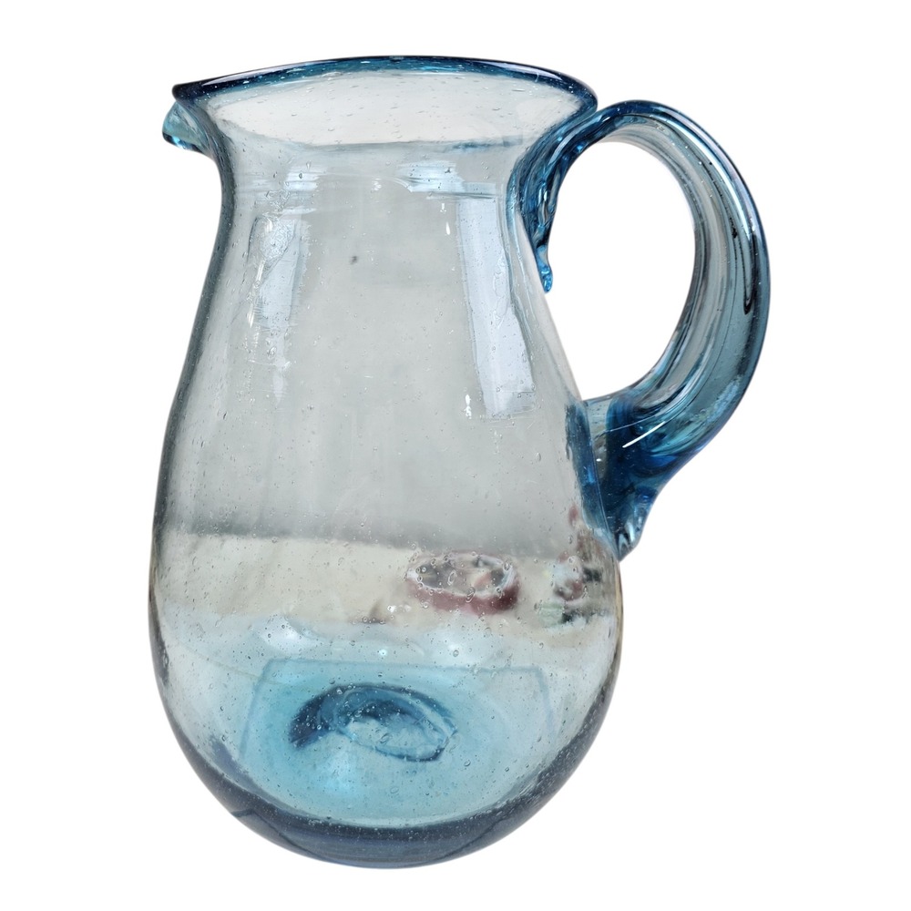 Handblown Seeded Blue Bubble Glass Pitcher Applied Handle Pinchd Spout Art Glass